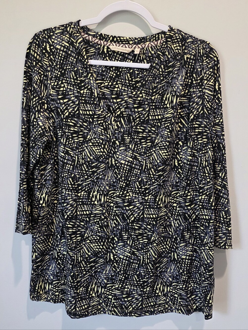 Soft Surroundings Black Top with Yellow Abstract Print 3/4 Sleeve